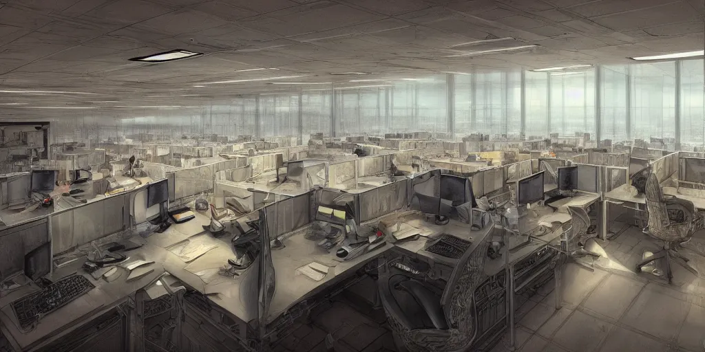 Image similar to endless office by alan lee, intricate, highly detailed, digital painting, artstation, concept art, smooth, sharp focus, illustration, vfx