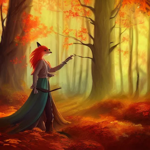 Prompt: A woman with a mystical fox companion, in a autumn forest, lifelike, light rays, volumetric, fox, magic, autumn, digital art, trending on artstation, by Toni Infante