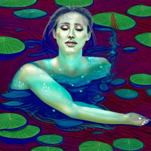 Image similar to A woman submerged underwater, you can only see her face from an aerial view with lily pads surrounding her as her hand reaches out to you, artistic digital art, very opaque, gloomy style, oil paints and pastel highlights, trending on artstation, artstationHD, artstationHQ, 4k, 8k