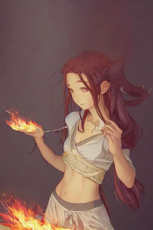 Image similar to anime key visual of a pretty sorcerer girl, wearing sweatpants and a crop top, practicing fire spells in her bedroom, intricate, lofi feel, magical, highly detailed, digital painting, artstation, smooth, hard focus, illustration, art by artgerm and greg rutkowski and alphonse mucha