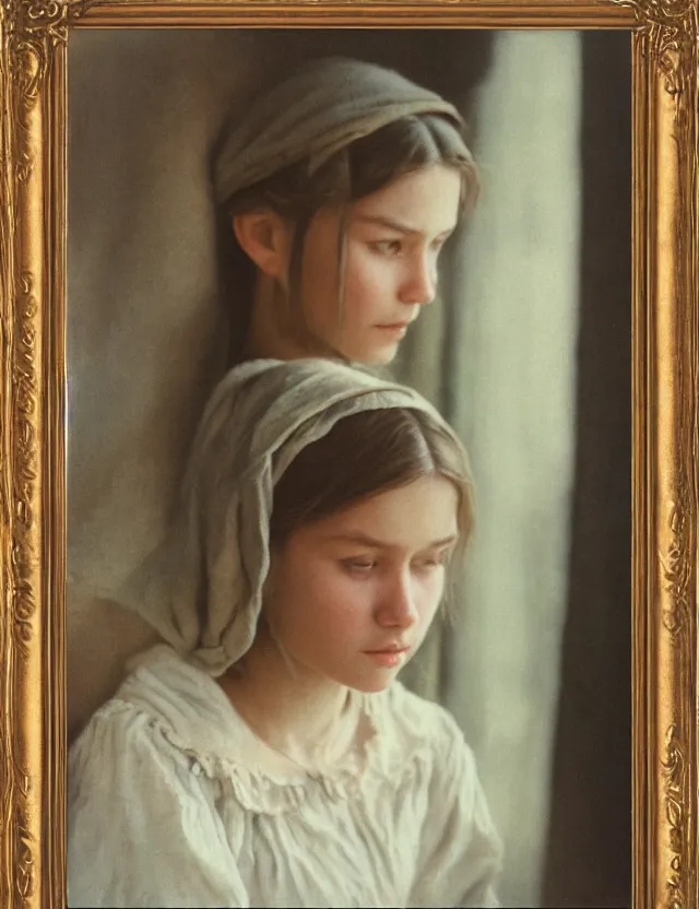 Image similar to portrait of peasant girl looking in a mirror, Cinematic focus, Polaroid photo, vintage, neutral colors, soft lights, foggy, by Steve Hanks, by Serov Valentin, by lisa yuskavage, by Andrei Tarkovsky 8k render, detailed, oil on canvas