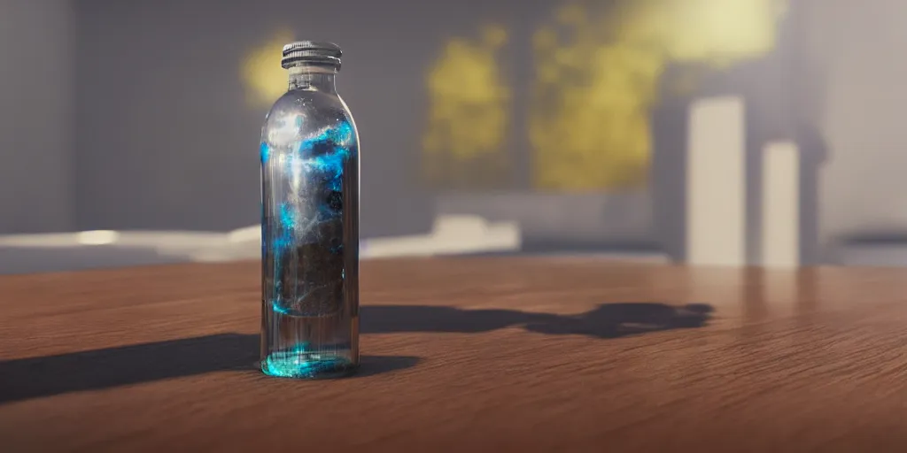 Image similar to a supernova inside a water bottle on a wooden table, hyperrealistic, concept art, octane render unreal engine 5, trending on artstation