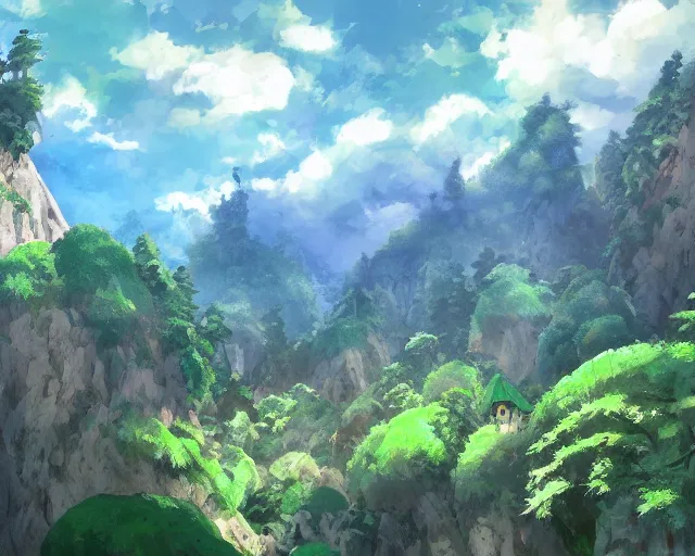 Image similar to mountain overseeing fantasy village next to a forest, studio ghibli style, hayao miyazaki, award winning photograph, highly detailed, artstation, hd wallpaper