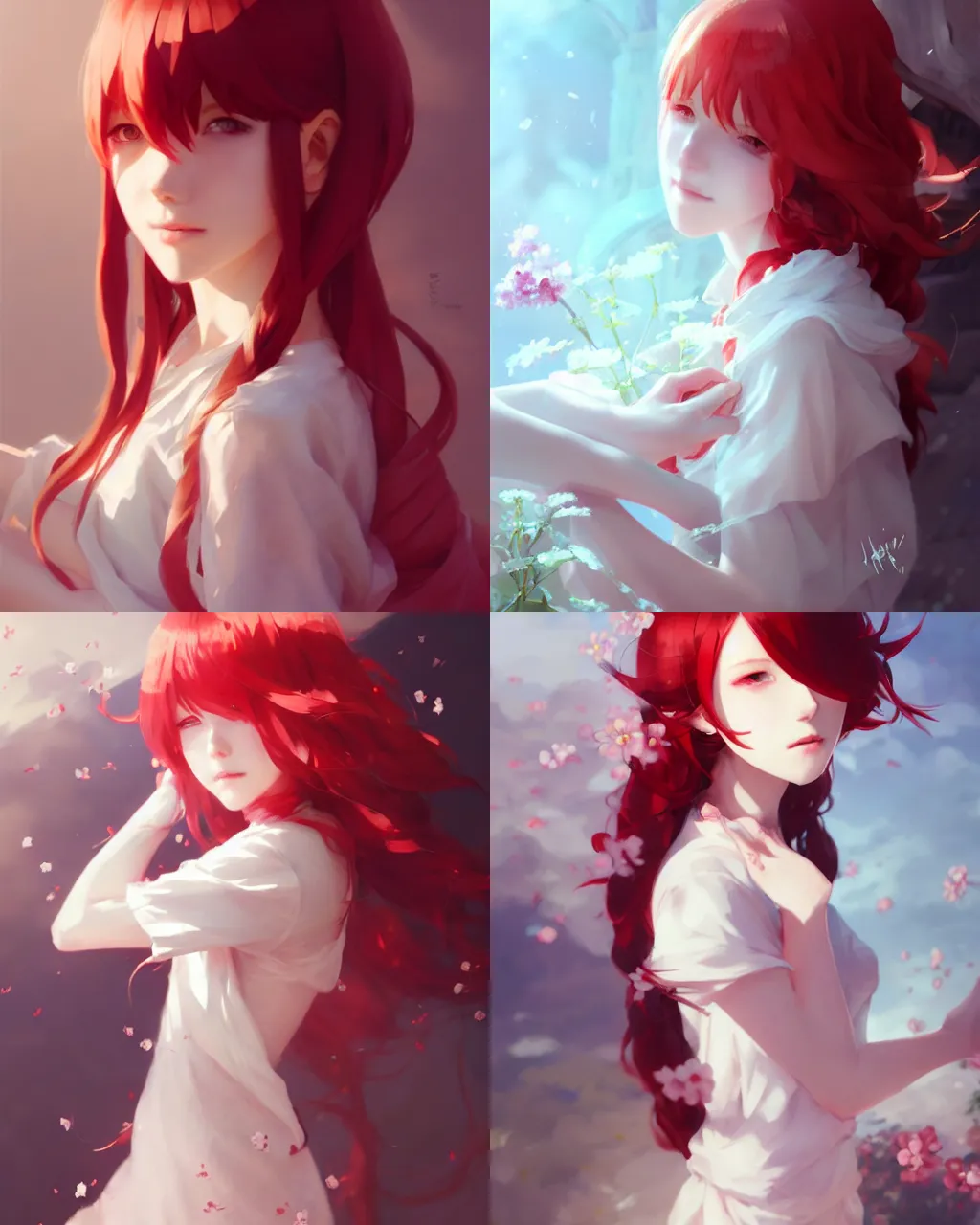 Prompt: girl with red hair and white clothing, flower decoration on the background, a beautiful half body illustration, top lighting, perfect shadow, soft painting, art by hidari and krenz cushart and wenjun lin