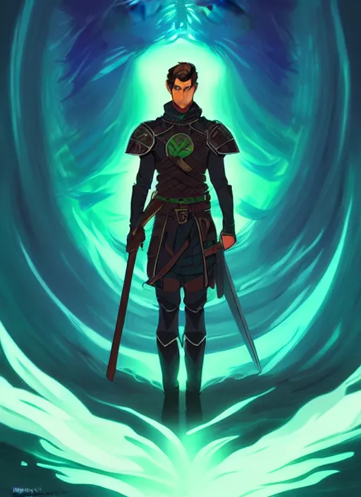 Prompt: style artgerm, joshua middleton, illustration, john krasinski as rune knight wearing green pelt light armor, anime eyes, blue hair, swirling water cosmos, fantasy, dnd, cinematic lighting