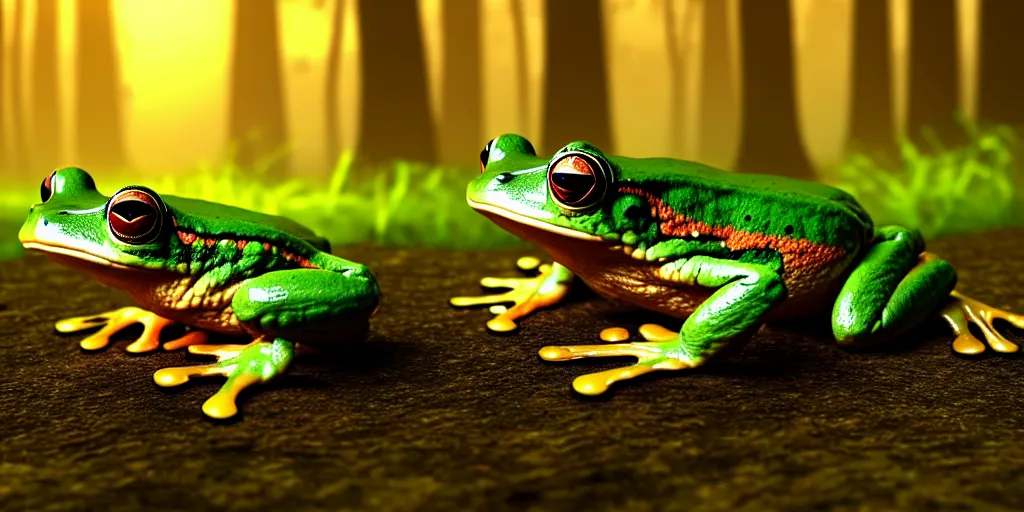 Image similar to A frog infected with fungus, foggy woodland swamp, golden hour, photorealistic 3D artwork