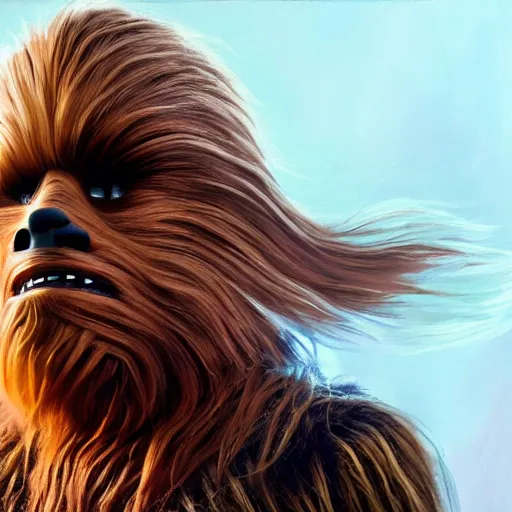 Prompt: chewbacca sitting at the hair stylist, painting, 8k, artstation, cinematic, hyperrealistic, extreme details