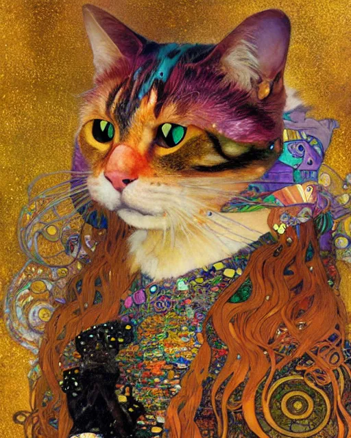 Image similar to adventurer cat portrait an oil painting splashes with many colors and shapes by gustav klimt greg rutkowski and alphonse mucha, polycount, generative art, psychedelic, fractalism, glitch art