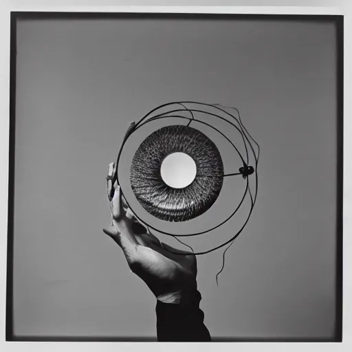 Prompt: Marcel Duchamp holding a light-producing sphere with cables attached, 35mm film, icon by Irving Penn