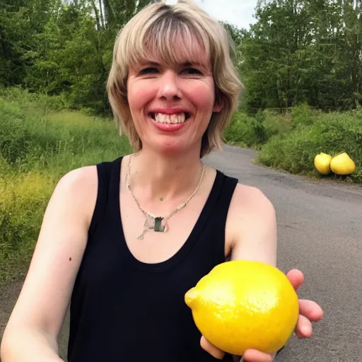 Image similar to Julia Davis holding a lemon