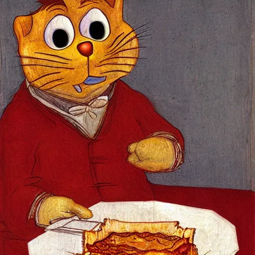 Image similar to garfield eating lasagna by leonardo davinci