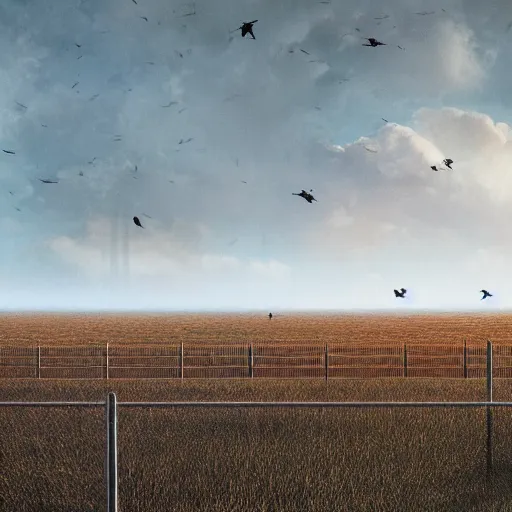 Prompt: an endless fence that is 1 0 0 0 feet tall, in a field with rolling hills, birds high in the sky, dystopian, rim, masterpiece oil painting, octane render, by barlowe, by kincaid 4 k