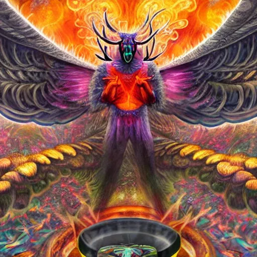 Image similar to A centered chest up portrait of a psychedelic godlike mothman with giant mandala wings smoking a hand-rolled cigarette smoking heavily , magic mushroom village in background , award winning. superb resolution. in the art style of junji Ito and greg rutkowski . Detailed Mushroom city in background. Hyper realistic anime. Perfect art. Dalle2