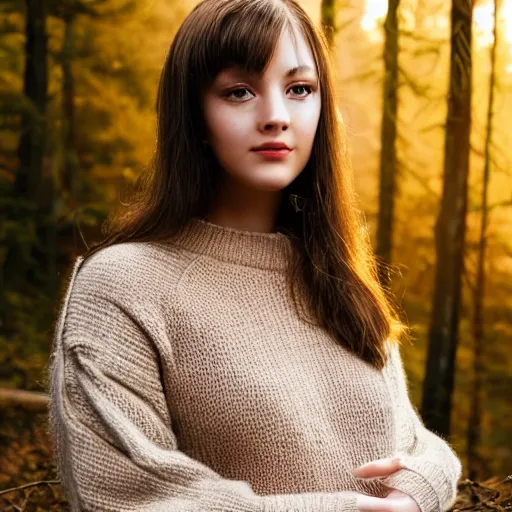 Image similar to real life photo of a beautiful girl, full body photoshoot, long brown hair, brown eyes, full round face, short smile, wool sweater belly free, forest setting, cinematic lightning, medium shot, mid - shot, highly detailed, trending on artstation, unreal engine 4 k, 8 0 mm, 8 5 mm, cinematic wallpaper