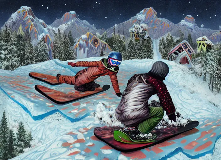 Image similar to snowboarding into another dimension, lowbrow, matte painting, 3 - d highly detailed, in the style of mark ryden,