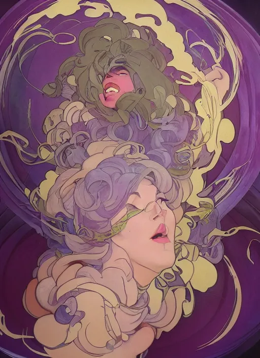 Image similar to madam mim, ugly! purple smoke aura in motion, floating pieces, painted art by tsuyoshi nagano, greg rutkowski, artgerm, alphonse mucha, spike painting