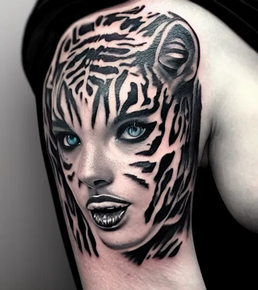 Image similar to tattoo design of a beautiful girl warrior under a tiger head, hyper realistic, realism tattoo, by eliot kohek, beautiful eyes, realistic face, black and white, white background