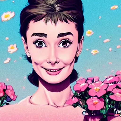 Prompt: portrait of young audrey hepburn smiling with flowers raining over her. sharp focus, cinematic pose, cinematic lighting, unreal engine render. art by josan gonzales and moebius and deathburger.