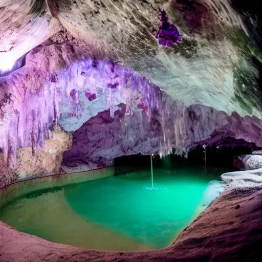 Image similar to photo inside a cave made of amethyst and and a hot spring