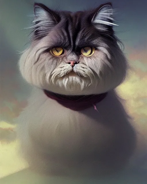 Image similar to highly detailed surreal vfx portrait of a persian cat, stephen bliss, unreal engine, greg rutkowski, loish, rhads, beeple, makoto shinkai and lois van baarle, ilya kuvshinov, rossdraws, tom bagshaw, alphonse mucha, global illumination, detailed and intricate environment