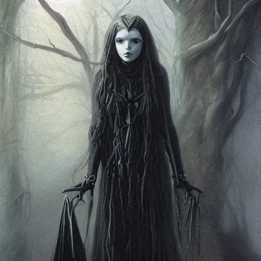 Image similar to beautiful dark witch full body, brom, alan lee cinematic, realistic, detailed