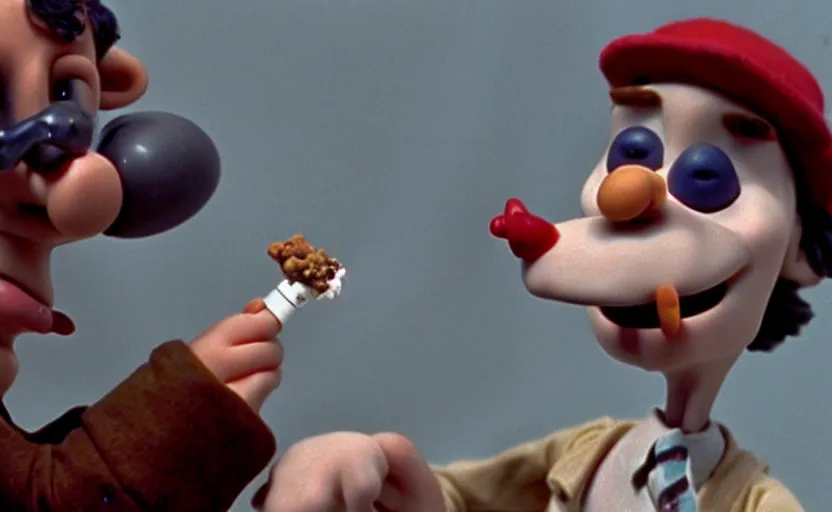 Prompt: Wallace smoking crack from a crack pipe in a still from the short movie A Grand Day Out (1989), crack cocaine, Wallace and Gromit, Aardman Animations, claymation, 4k, high quality