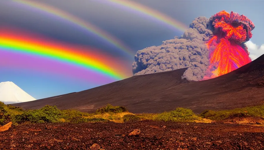 Image similar to a rainbow over an erupting volcano, digital art, highly detailed, realistic, bright colors, 8 k