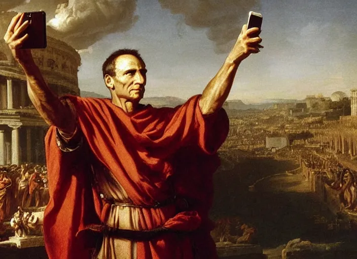 Image similar to julius caesar taking a selfie with an iphone as rome burns behind him by thomas cole and wlop