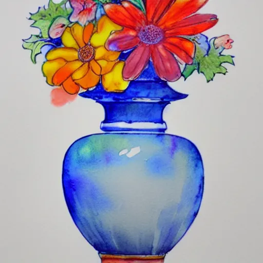 Image similar to a porcelain vase with a colorful and beautiful flower arrangement. very stylize and delicate watercolor and pencil drawing. long shotbeautiful lighting, 4 k post - processing, trending in art station, cg society, highly detailed, 5 k extremely detailed