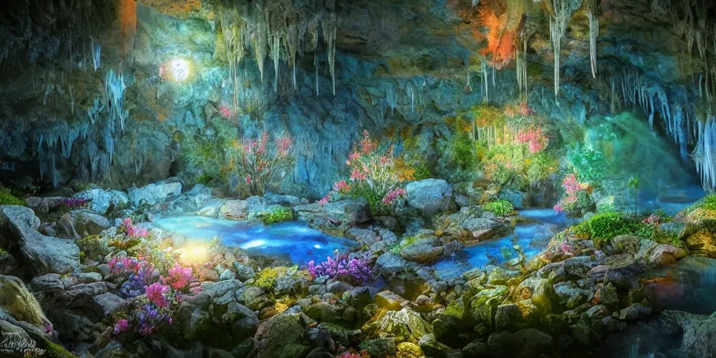 Image similar to cozy mountain hot springs hidden in a cave, lush trees and flowers, sunset, nephilim, rippling pools of water, ethereal, fantasy, James Jean, oozium, peter morbacher, ((((((((((people)))))))))), alchemy, luxury, heavenly light, Soft illumination, Trending on artstation, Cinematic Lighting, digital painting, octane render, artgerm