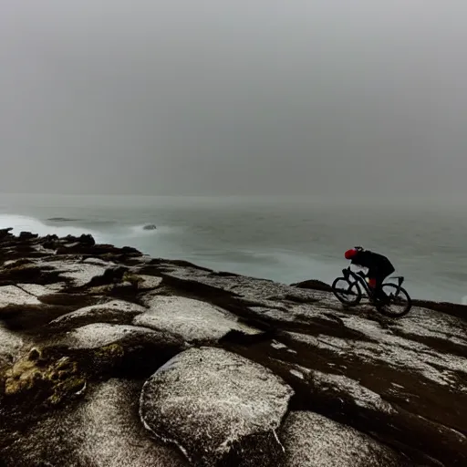 Image similar to a scene from a fever dream, bicycling on a rocky path in first person view, go-pro camera view, entering the scary murky ocean!! Fog! Ultra realistic! 25mm f/1.7 ASPH Lens!