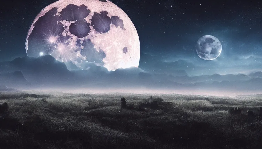 Image similar to a beautiful landscape at night, big moon on the right, stars in the sky, matte painting, dark blue tones, high contrast, intricate details, concept art, 4 k