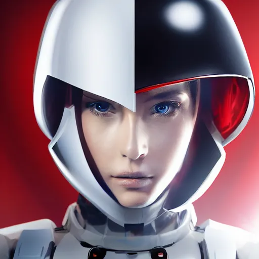 Image similar to portrait of a beautiful female soldier, no makeup, in glossy sleek white armor inspired by samus aran and a long red cape, heroic posture, determined expression, no helmet, on the surface of mars, cinematic, sci-fi, hyperrealistic, detailed