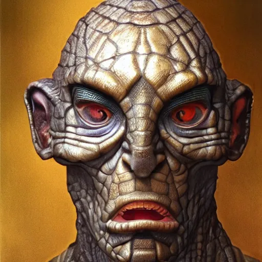 Image similar to humanoid reptilian priest, bronze age, portrait, high quality, symmetrical, hd photorealistic by alex ross