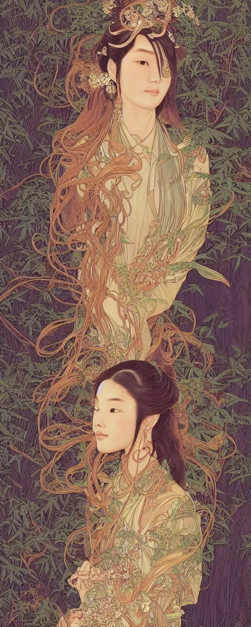 Prompt: a beautiful portrait of an ancient chinese princess in the bamboo forest, flowing hair, fantasy, regal, intricate, art nouveau, swirly intricate linework background by stanley artgerm lau, greg rutkowski, victo ngai, alphonse mucha, loish, norman rockwell