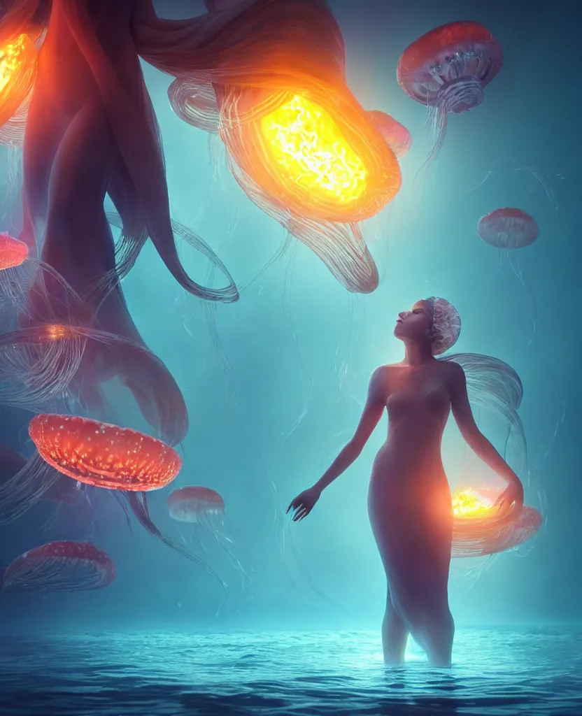 Image similar to close-up portrait of a beautiful princess floating in ethereum surrounded by floating jellyfish, energy flows of fire and water, flashes of plasma, 3d with depth of field, blurred background, a highly detailed epic cinematic concept art CG render. made in Maya, Blender and Photoshop, octane render, excellent composition, cinematic dystopian brutalist atmosphere, dynamic dramatic cinematic lighting, aesthetic, very inspirational, arthouse. y Greg Rutkowski, Ilya Kuvshinov, WLOP, Stanley Artgerm Lau, Ruan Jia and Fenghua Zhong