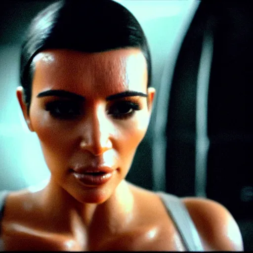 Image similar to film still of kim kardashian in the movie Alien, alien spider over her face as she struggles, spider webbed body, scary, cinematic full shot, full body pov, 4k.
