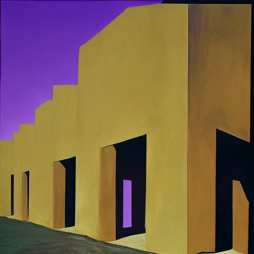 Prompt: painting of a scifi ancient civilzation brutalist architecture, purple sun, william eggleston
