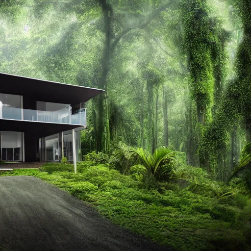 Prompt: High quality realistic photograph of a modern house in the middle of a rain-forest