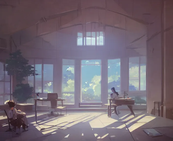 Prompt: a school building peaceful and serene incredible perspective, soft lighting, 4K, Your Name., Beautiful, ultra sharp detailed, Artstation, anime scenery concept art by Makoto Shinkai