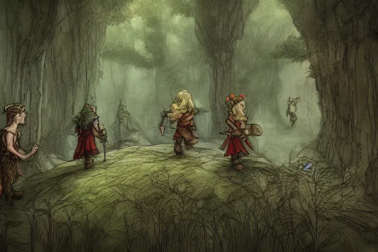 Prompt: dwarf, elf, halfling and human walking down a forest path, in the style of Greg Broadmore and Arthur Rackham,trending on artstation, light lighting side view,digital art,surrealism ,macro,blueprint ,vaporwave ,