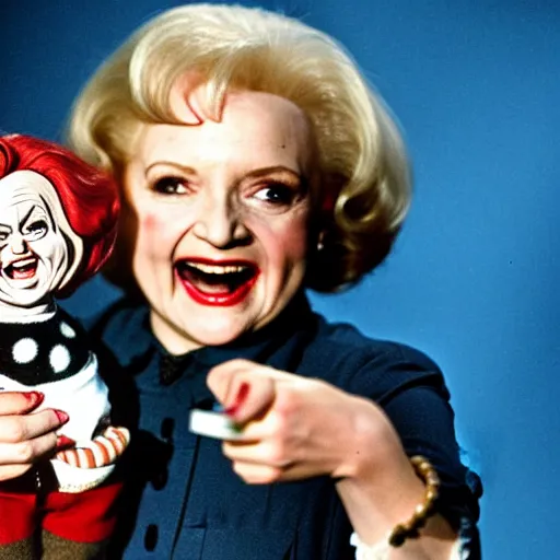 Image similar to betty white holding chucky the killer doll