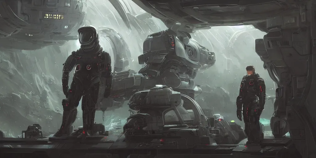 Image similar to scifi art by greg rutkowski, a man in wearing a futuristic tactical space suit, preparing to activate the ship's self - destruct sequence, claustrophobic and futuristic environment, detailed and intricate environment, high technology, highly detailed portrait, digital painting, artstation, concept art, smooth, sharp foccus ilustration, artstation hq.