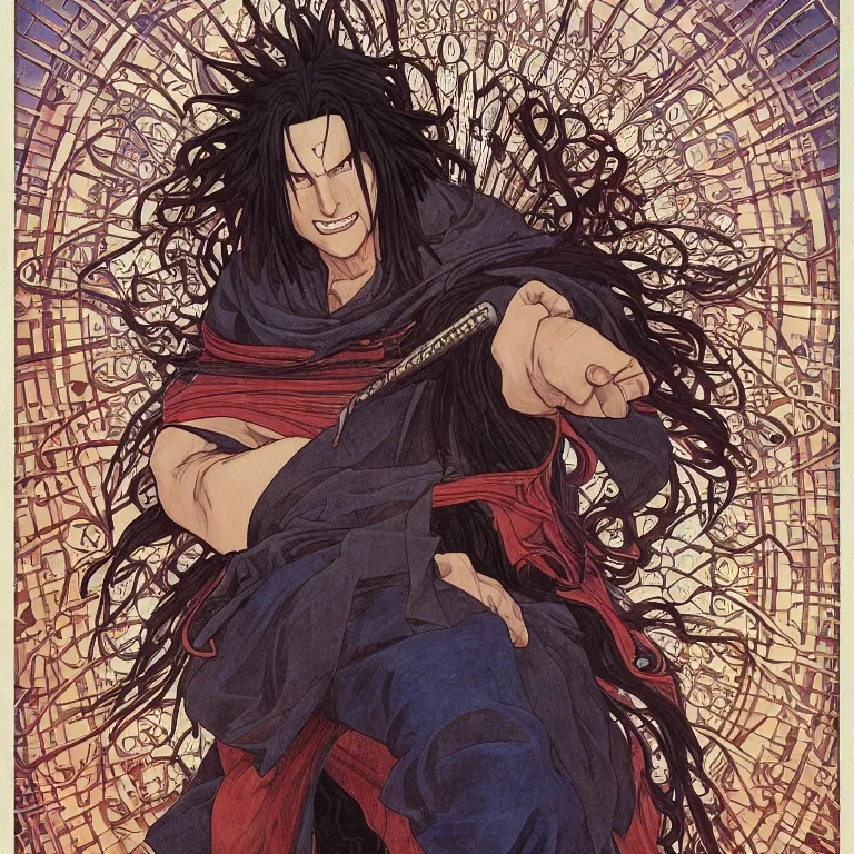 Prompt: portrait of Madara Uchiha!, by Jeff Easley and Peter Elson + beautiful eyes, beautiful face + symmetry face + border and embellishments inspiried by alphonse mucha, fractals in the background, galaxy + baroque, gothic, surreal + highly detailed, intricate complexity, epic composition, magical atmosphere + masterpiece, award winning + trending on artstation