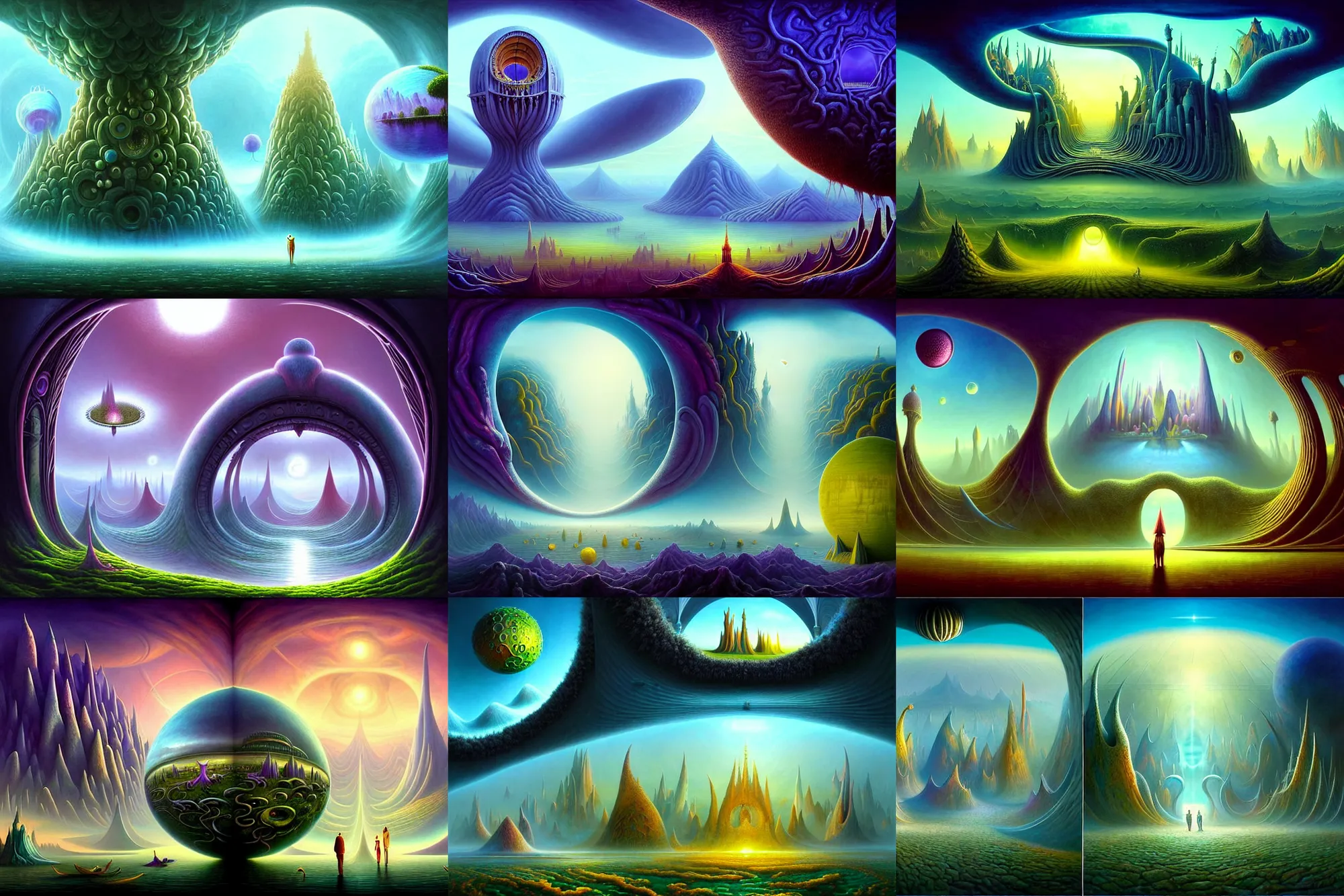 Prompt: a beautiful epic stunning amazing and insanely detailed matte painting on canvas of alien dream worlds with surreal architecture designed by Heironymous Bosch, portals to new worlds, mega structures inspired by Heironymous Bosch's Garden of Earthly Delights, the nexus portal, vast surreal landscape and horizon by Cyril Rolando and Andrew Ferez, rich pastel color palette, masterpiece!!, grand!, imaginative!!!, whimsical!!, epic scale, intricate details, sense of awe, elite, wondrous, mysterious, insanely complex, masterful composition, sharp focus