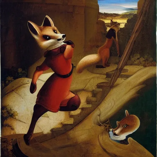 Image similar to an anthropomorphic Fox explores a Dungeon, Renaissance Painting