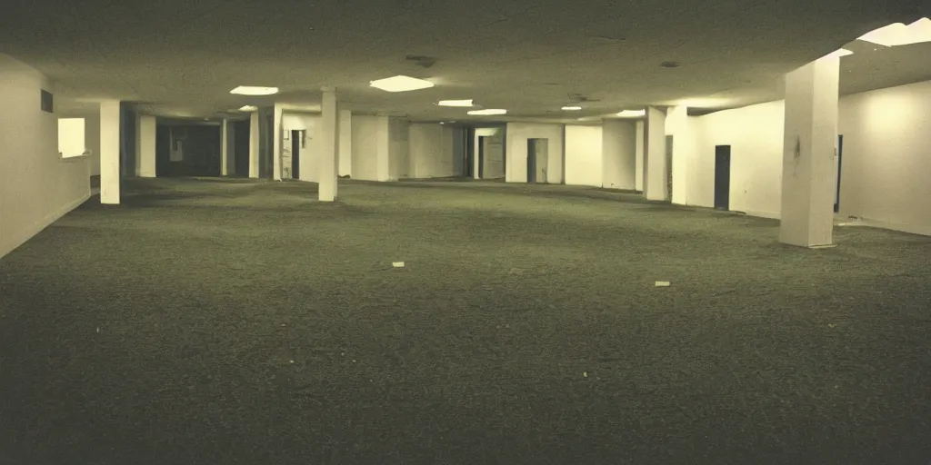 Image similar to a weird place full of people but now empty with eerie feeling, disposable colored camera, camera flash, house, mall, hallway, playground, office, pool, interior, room