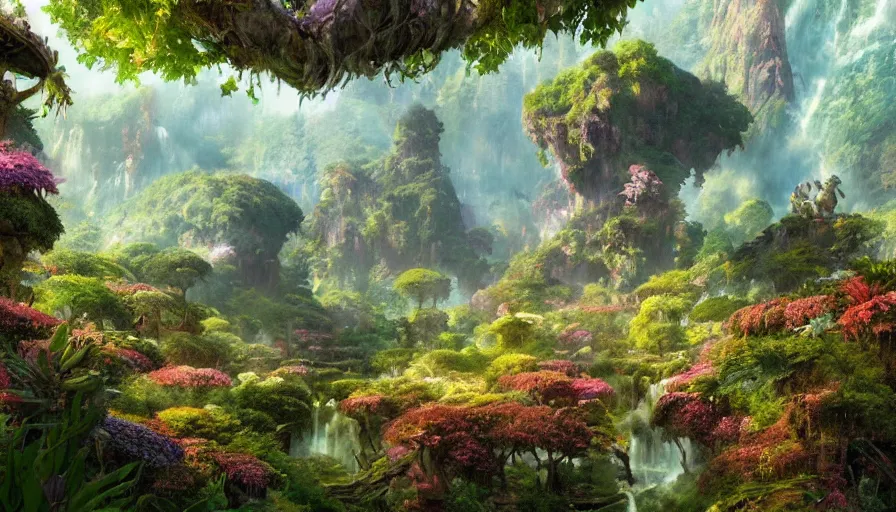 Image similar to craig mullins and ghibli digital illustration of the beastlands, avatar ( 2 0 0 9 ), lush landscape, jungle landscape, colorful, flowers unreal engine, hyper realism, realistic shading, cinematic composition, realistic render, octane render, detailed textures, photorealistic, wide shot,