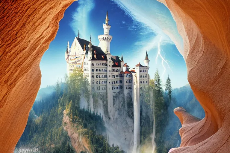 Prompt: neuschwanstein castle on pamukkale thermal waters flowing down gold travertine terraces in royal blue antelope canyon during sakura season on an interstellar aurora borealis with heavy thunder and lightning, pink waterfalls, by peter mohrbacher, james jean, james gilleard, greg rutkowski, vincent di fate, rule of thirds, beautiful landscape