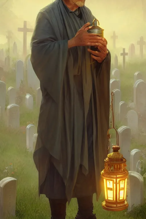 Image similar to male senior cleric holding a lantern in a cemetery, highly detailed, digital painting, artstation, concept art, smooth, sharp focus, illustration, art by artgerm and greg rutkowski and alphonse mucha and andrei riabovitchev